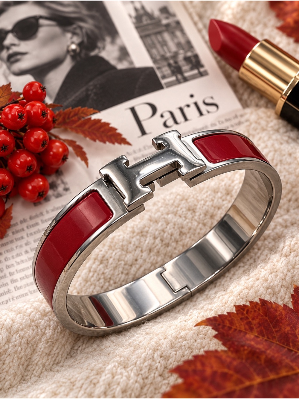 Red Enamel Stainless Steel Hinged Bangle Bracelet